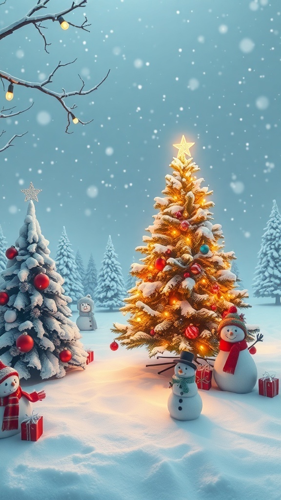 A festive Christmas wallpaper with a snowy landscape, decorated tree, and snowmen.